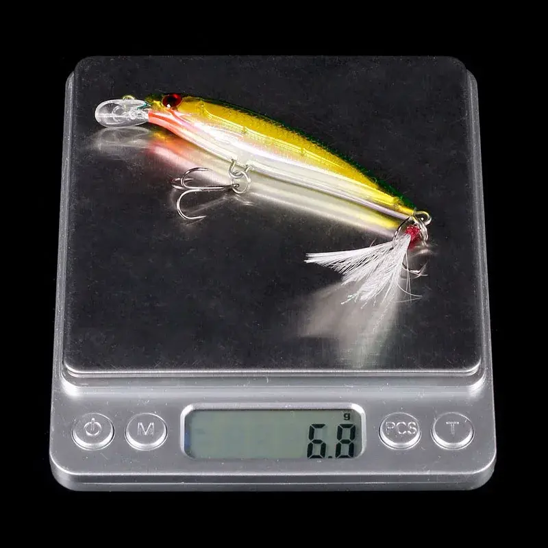 Laser Minnow Fishing Lure Artificial Bionic 9cm/7g Swing Hard Bait with Feather Tackle Hook Wobbler Pesca for Bass Pike 10/5Pcs
