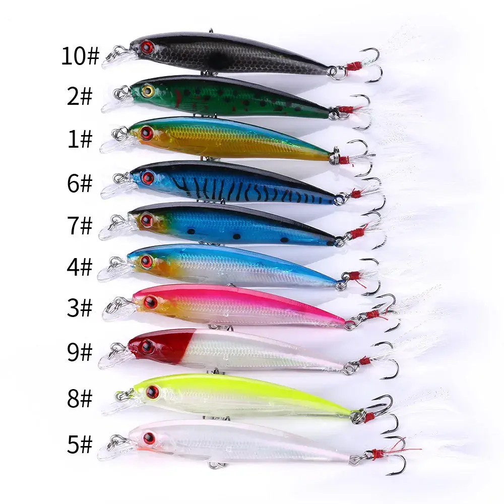 Laser Minnow Fishing Lure Artificial Bionic 9cm/7g Swing Hard Bait with Feather Tackle Hook Wobbler Pesca for Bass Pike 10/5Pcs
