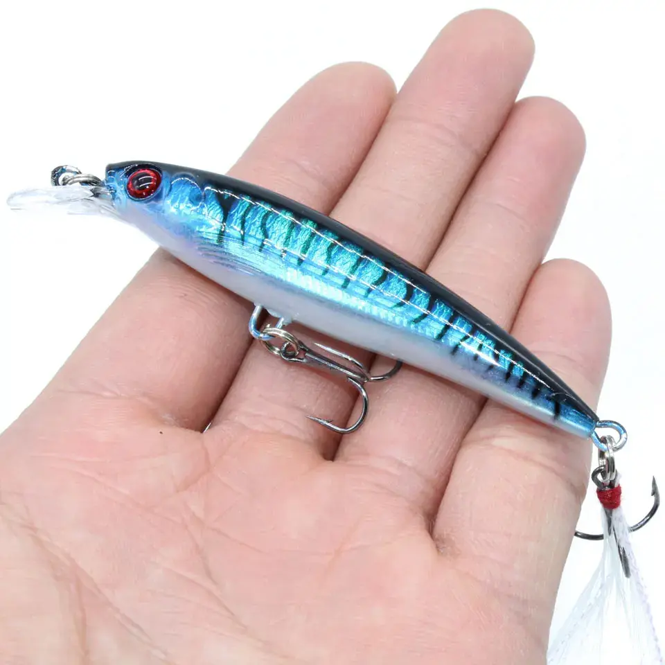 Laser Minnow Fishing Lure Artificial Bionic 9cm/7g Swing Hard Bait with Feather Tackle Hook Wobbler Pesca for Bass Pike 10/5Pcs