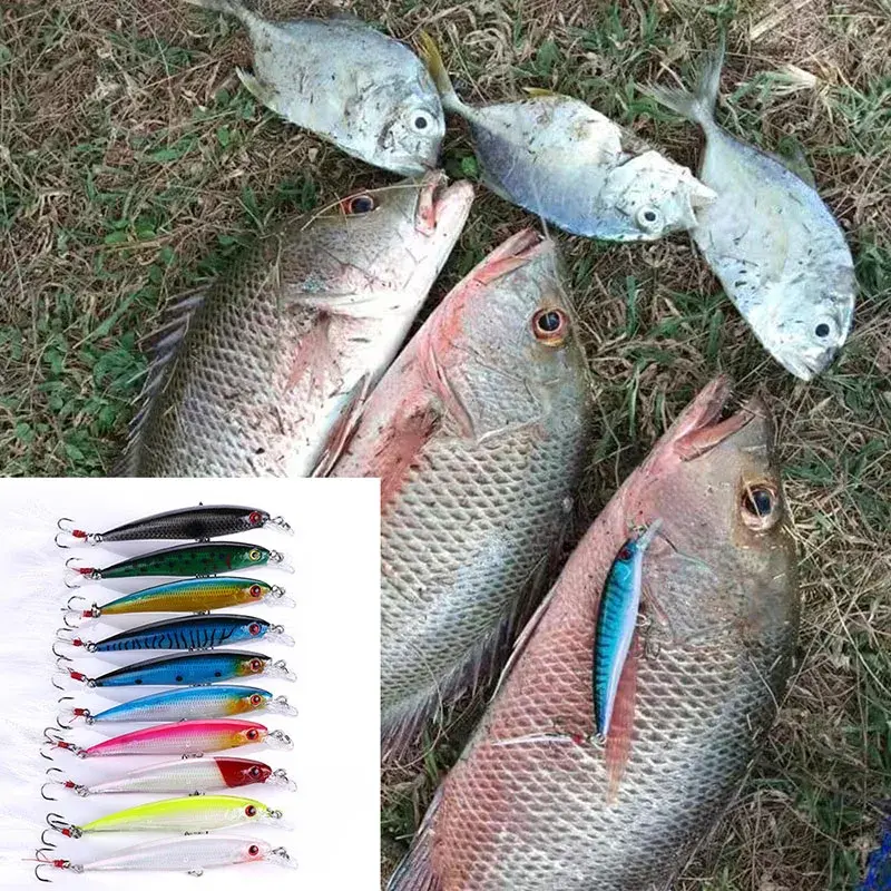 Laser Minnow Fishing Lure Artificial Bionic 9cm/7g Swing Hard Bait with Feather Tackle Hook Wobbler Pesca for Bass Pike 10/5Pcs