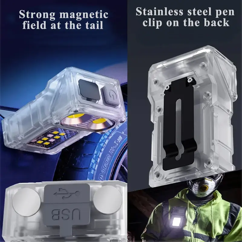 2Pcs Fluorescence Flashlight Super Bright USB Rechargeable LED Tail MagnetTorch with COB Emergency Light for Camping Hiking