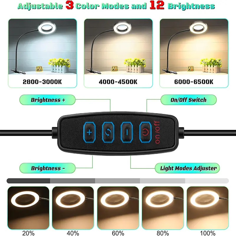10X Magnifying Glass with 3 Color Modes LED Lighted Desk Lamp with Metal Clamp Flexible Gooseneck Magnifier for Reading Nail Art