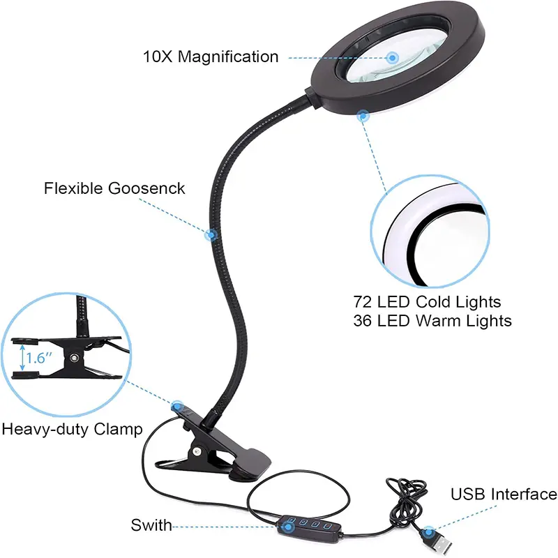 10X Magnifying Glass with 3 Color Modes LED Lighted Desk Lamp with Metal Clamp Flexible Gooseneck Magnifier for Reading Nail Art