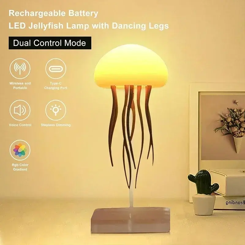 Cartoon Dancing Jellyfish Night Light RGB Gradient Voice Control Rechargeable Cute LED Night Lamp for Bedroom Decor Gifts