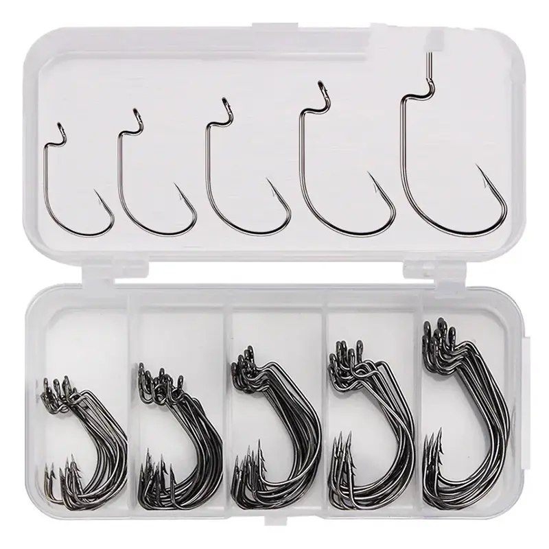50Pcs/Box Jig Crank Barbed Hooks High Carbon Steel Wide Gap Fishhook for Soft Worm Baits Freshwater Saltwater Fishing Gear