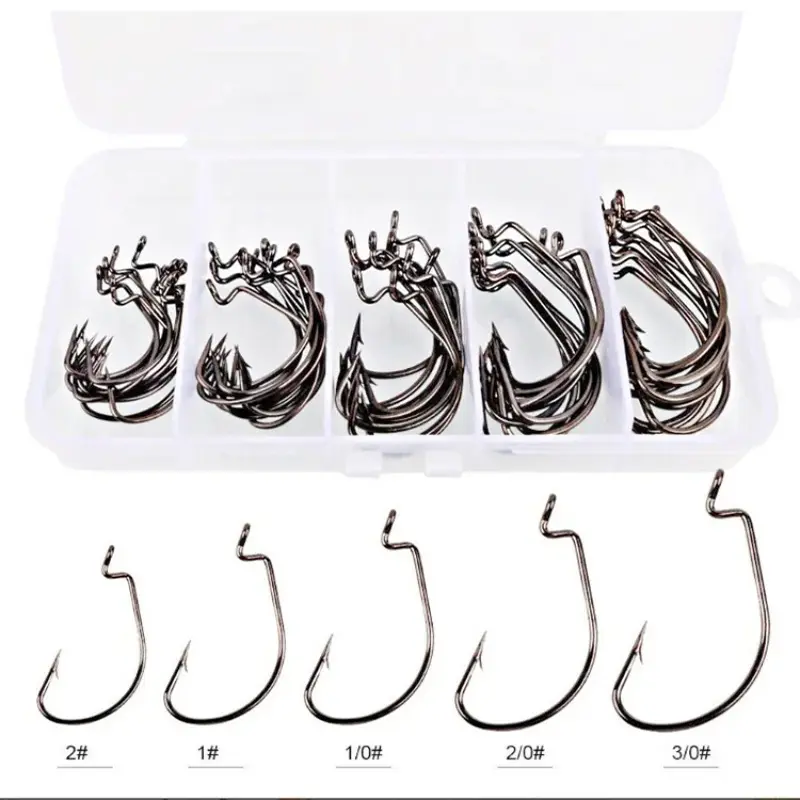 50Pcs/Box Jig Crank Barbed Hooks High Carbon Steel Wide Gap Fishhook for Soft Worm Baits Freshwater Saltwater Fishing Gear