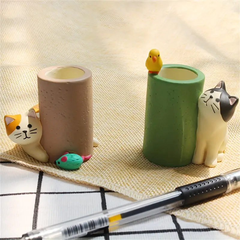 2pcs Cute cat pen holder, mini pen holder, creative decoration for study, home decor, office desk decoration, office