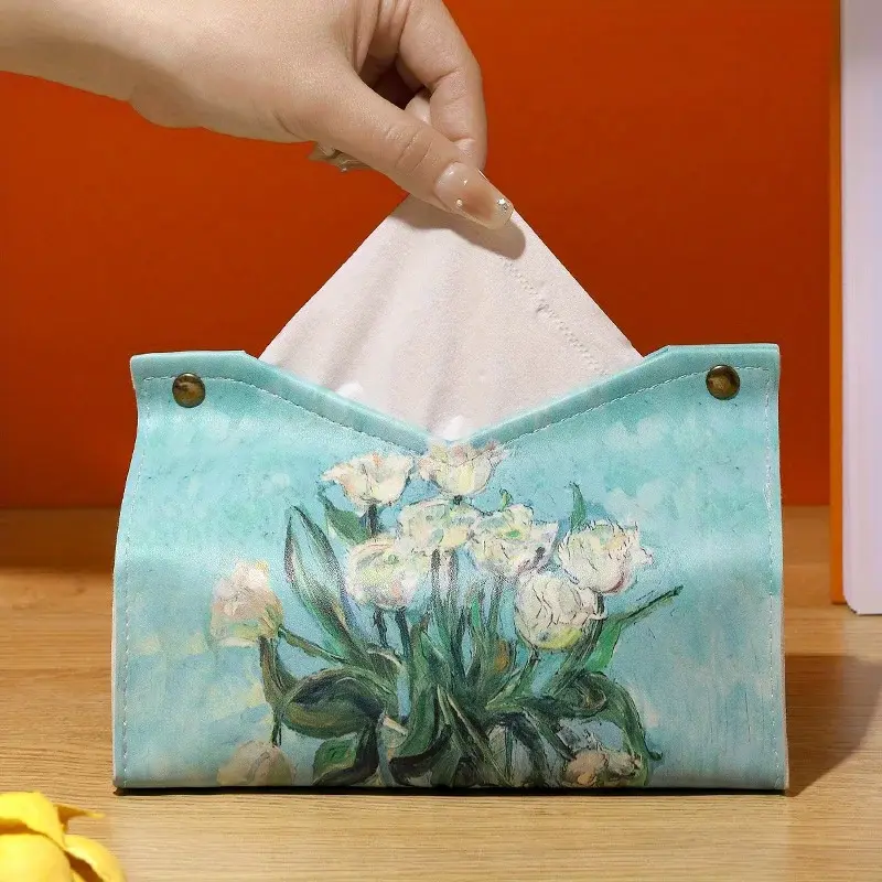 1pc Moonlight Rose Oil Painting 3D Tissue Box Light Luxury Style Living Room Household Tissue Box Car Drawing Paper Box