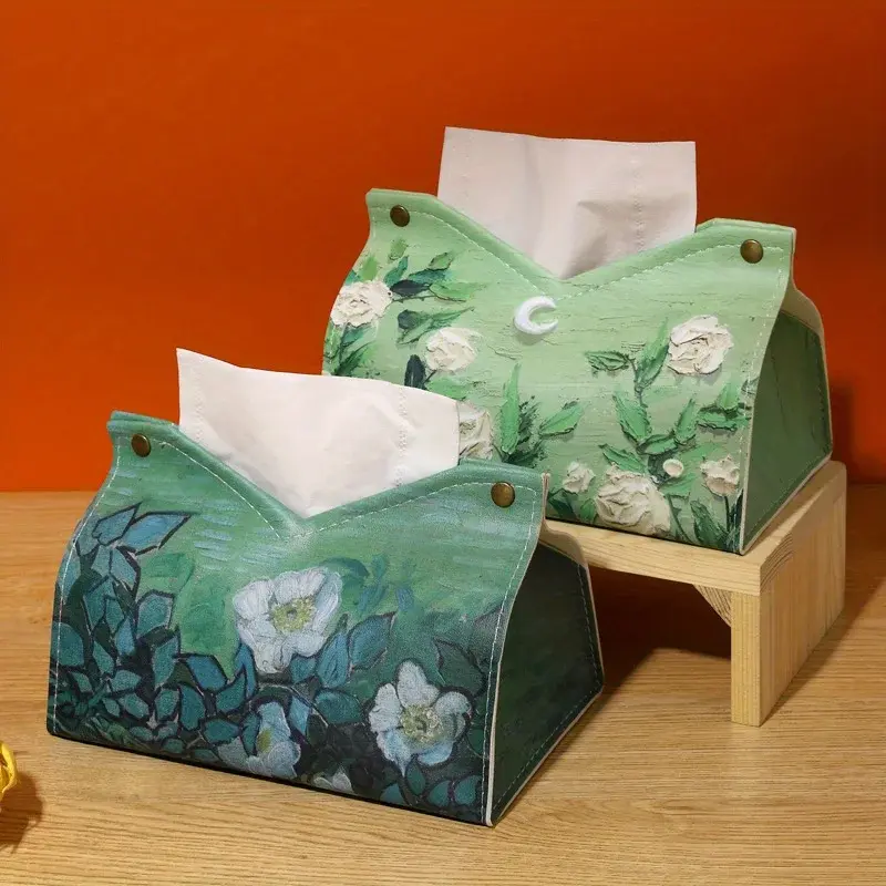 1pc Moonlight Rose Oil Painting 3D Tissue Box Light Luxury Style Living Room Household Tissue Box Car Drawing Paper Box