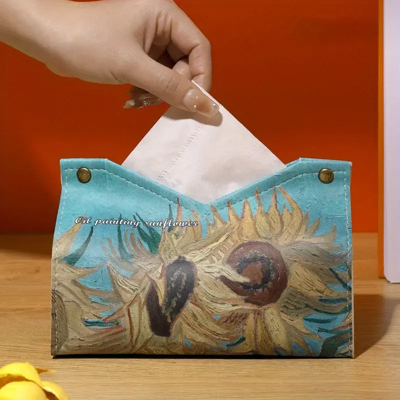1pc Moonlight Rose Oil Painting 3D Tissue Box Light Luxury Style Living Room Household Tissue Box Car Drawing Paper Box