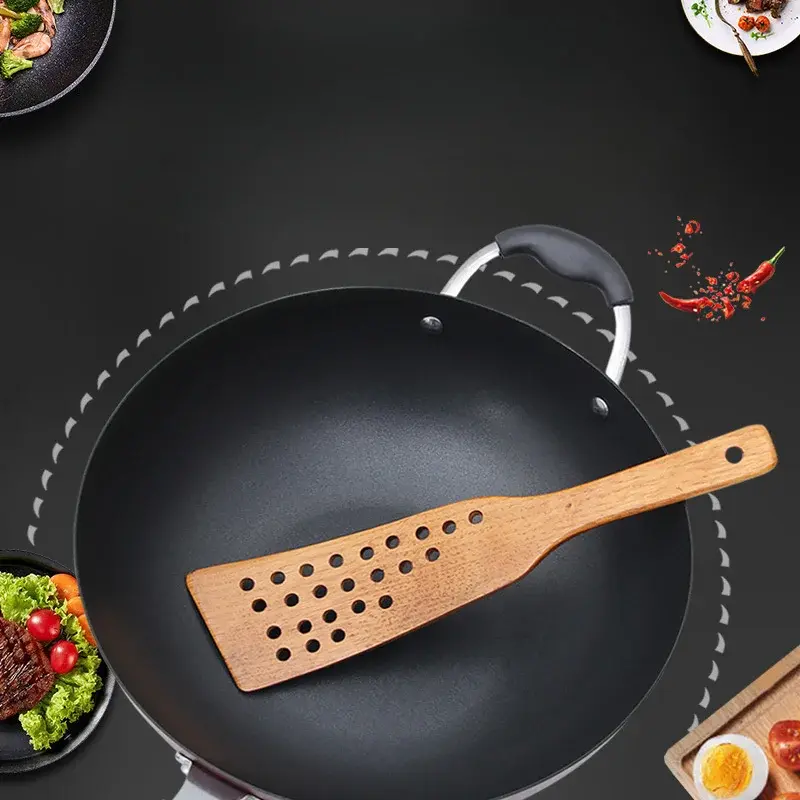 1PC Non stick pan, wooden spatula for stir frying, spatula for frying eggs and steak, 24 hole filter spatula