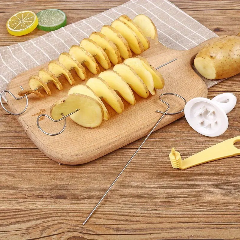 6pcs Campfire Potato Skewers: Portable Manual Spiral Slicer and Potato Chip Making Set