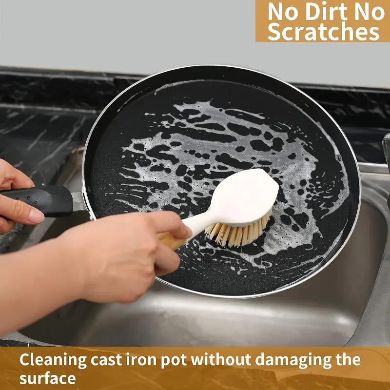 4pcs Bamboo-handled dish brush, built-in scraper for kitchen dishwasher, sanding brush.