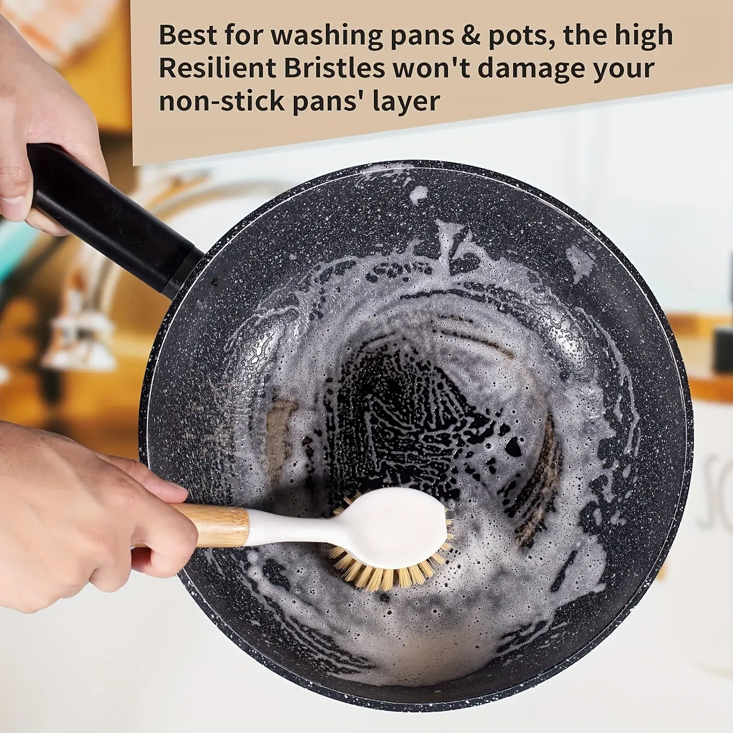 4pcs Bamboo-handled dish brush, built-in scraper for kitchen dishwasher, sanding brush.