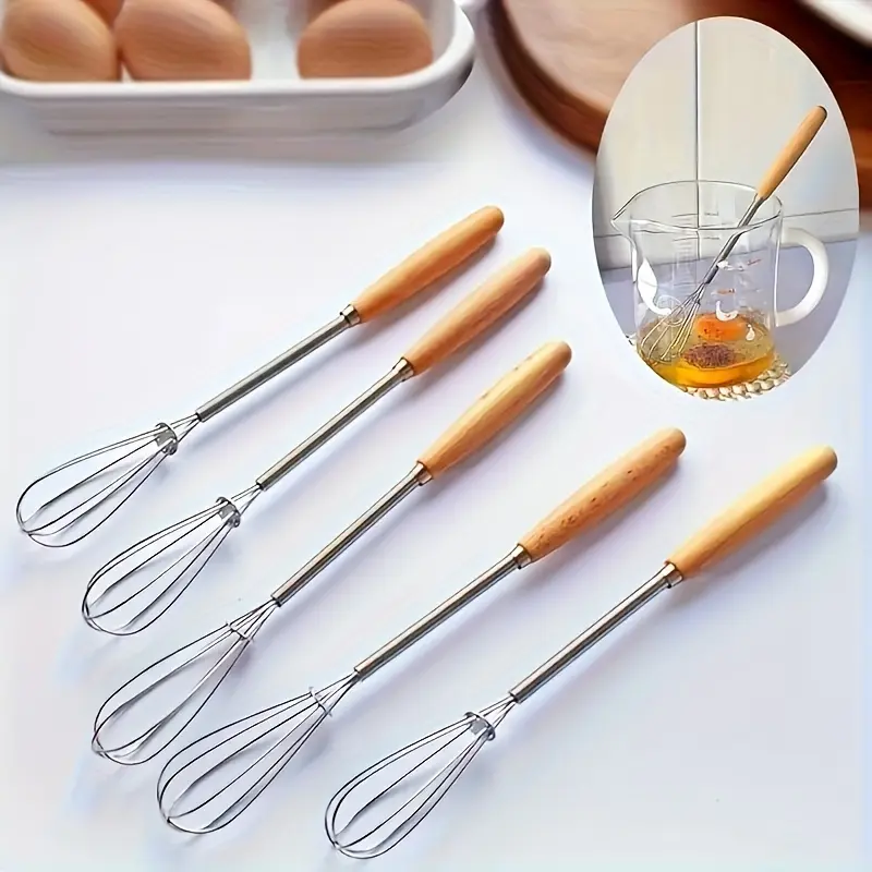 1PC Mini Eggbeater with Wooden Handle, Cream Blender