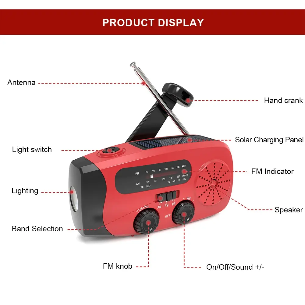 Multifunction Radio 2000mAh Portable Hand Crank Solar Radio USB FM/AM/WB Weather Radios Emergency Flashlight Power Bank