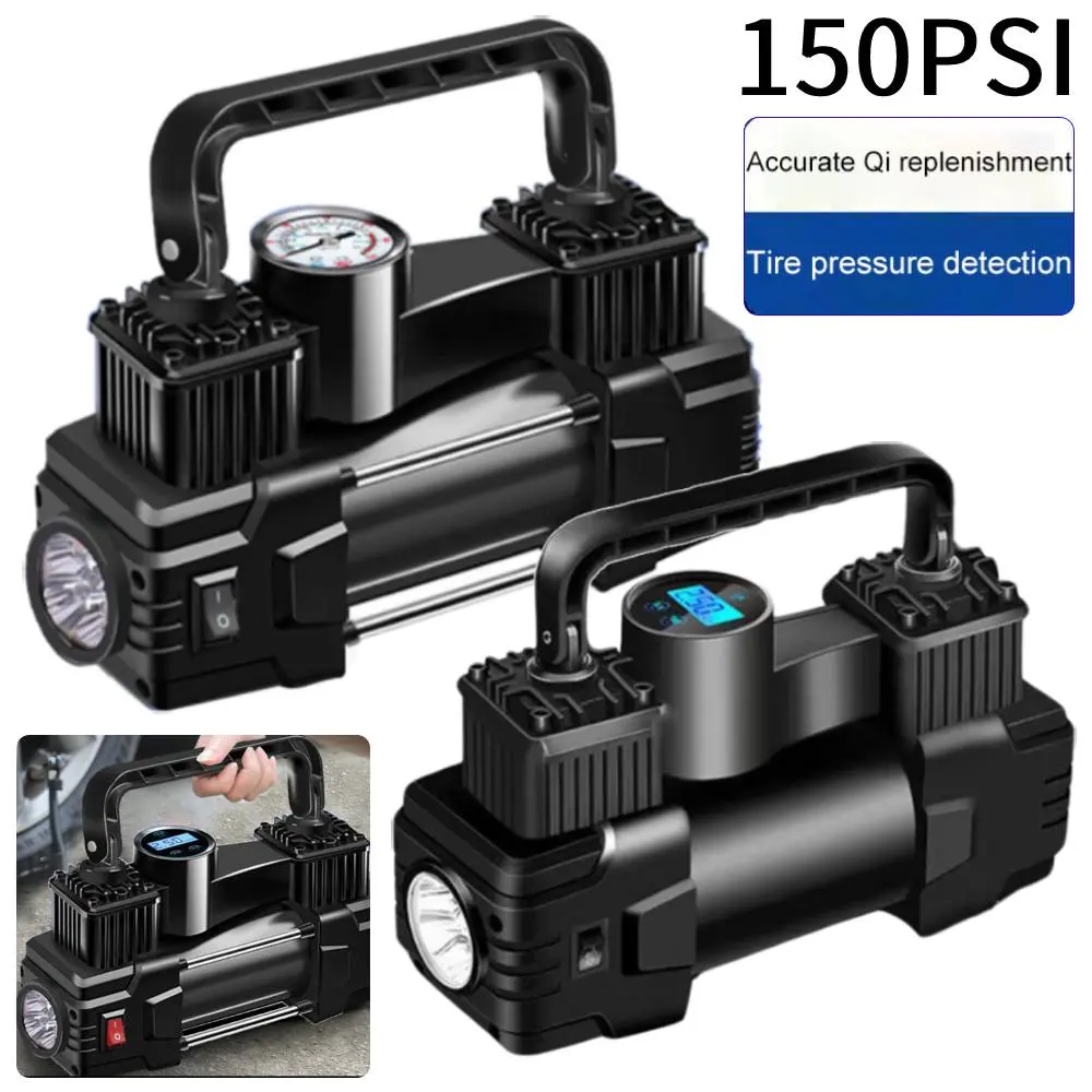 12V Heavy Duty Deluxe Metal Air Compressor Dual Cylinder Car Tire Inflator with Pressure Gauge Auto Inflatable Pump with Light
