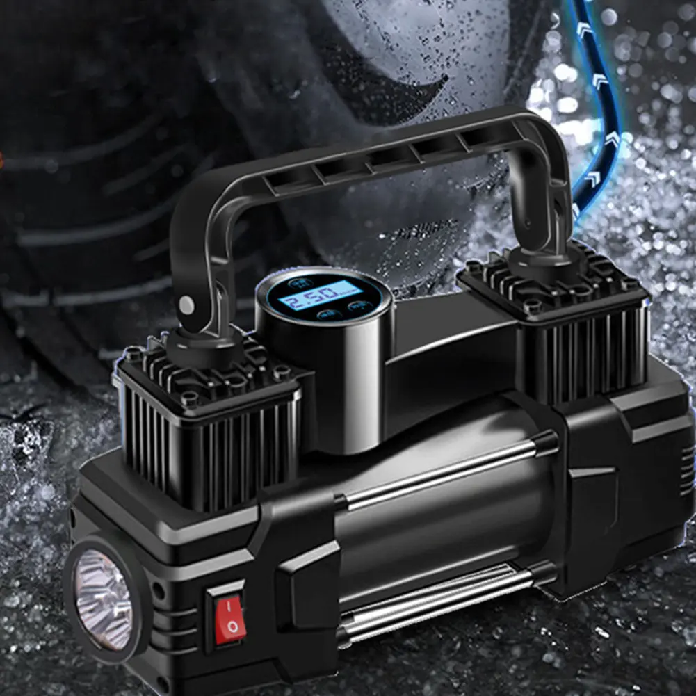 12V Heavy Duty Deluxe Metal Air Compressor Dual Cylinder Car Tire Inflator with Pressure Gauge Auto Inflatable Pump with Light