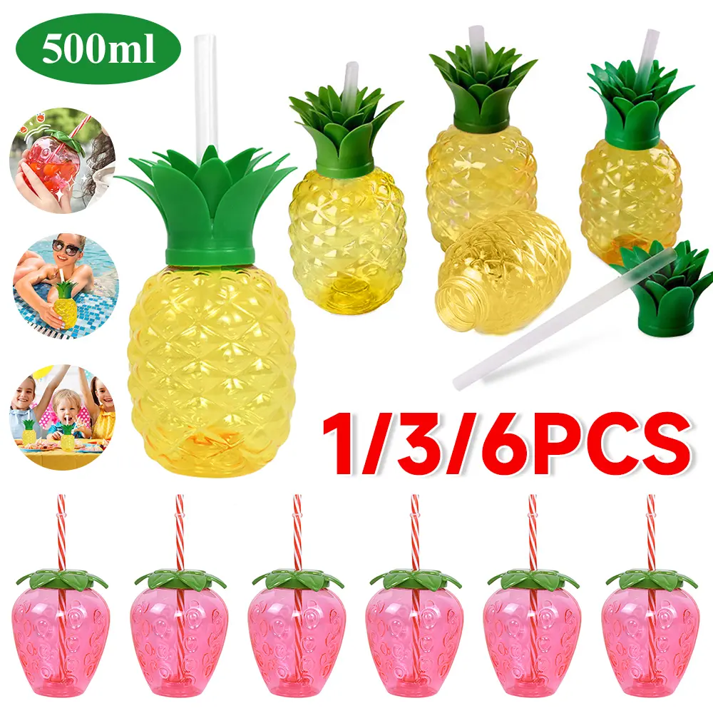 1/6PCS 500ML Pineapple Straw Water Cup Strawberry Drinking Cup Hawaiian Summer Juice Cups Tropical Beach Pool Party Decorations