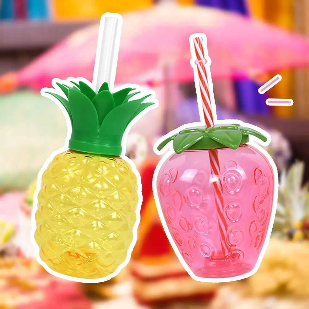1/6PCS 500ML Pineapple Straw Water Cup Strawberry Drinking Cup Hawaiian Summer Juice Cups Tropical Beach Pool Party Decorations