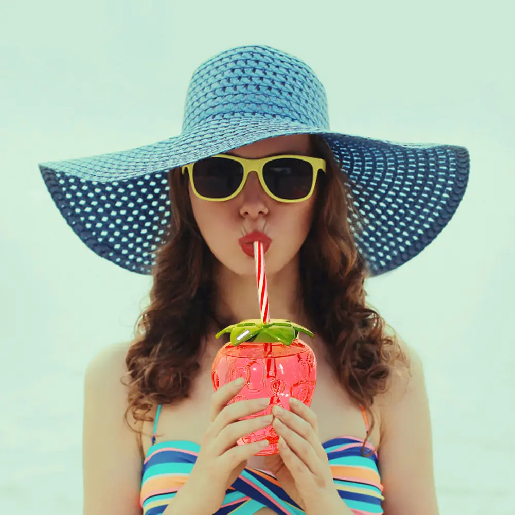 1/6PCS 500ML Pineapple Straw Water Cup Strawberry Drinking Cup Hawaiian Summer Juice Cups Tropical Beach Pool Party Decorations