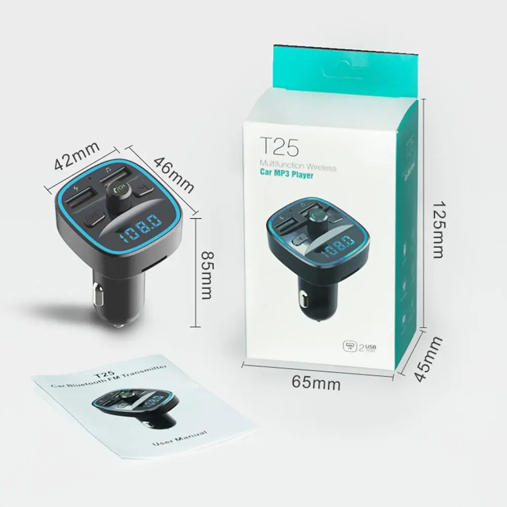 T25 Car Bluetooth 5.0 FM Modulator Transmitter Fast Charging Charger MP3 Player