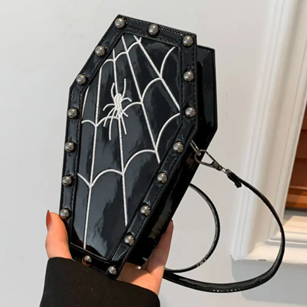 Gothic Coffin Shaped Shoulder Bag Halloween Cobweb Satchel Sling Purse Adjustable Strap Spider Web PU Leather Crossbody Bags