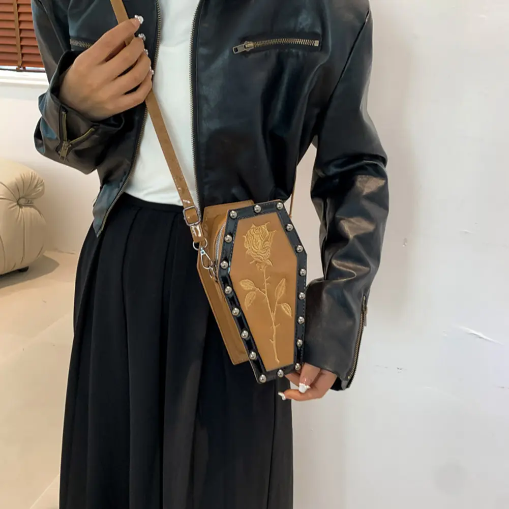 Gothic Coffin Shaped Shoulder Bag Halloween Cobweb Satchel Sling Purse Adjustable Strap Spider Web PU Leather Crossbody Bags