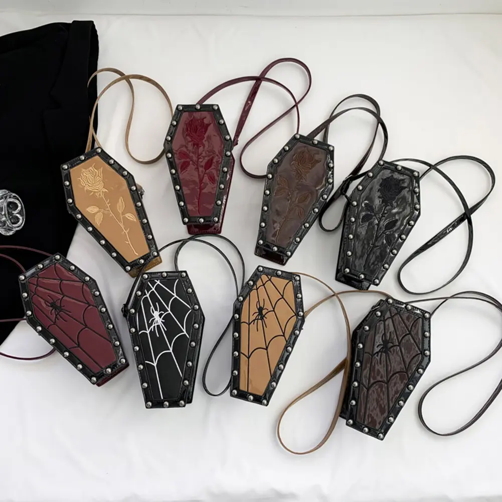 Gothic Coffin Shaped Shoulder Bag Halloween Cobweb Satchel Sling Purse Adjustable Strap Spider Web PU Leather Crossbody Bags