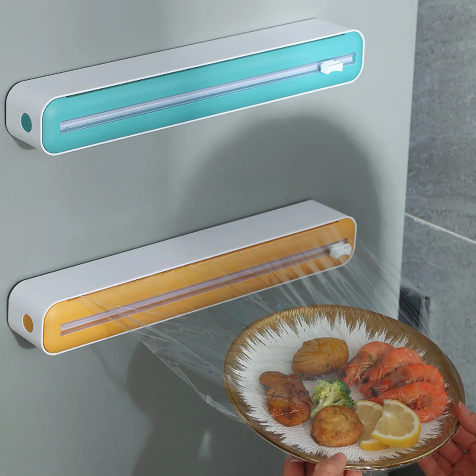 2 in 1 Plastic Wrap Dispenser with Slide Cutter Refillable Food Cling Film Wrap Dispenser Food Film Cutter Kitchen Accessories