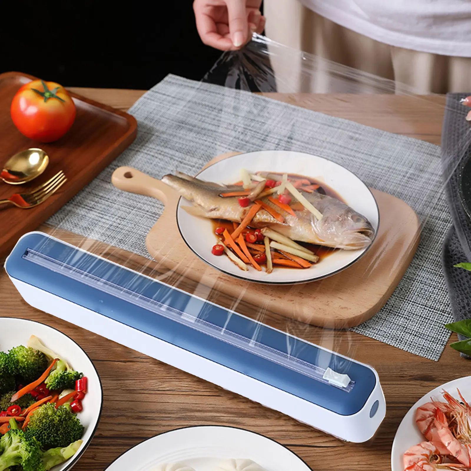 2 in 1 Plastic Wrap Dispenser with Slide Cutter Refillable Food Cling Film Wrap Dispenser Food Film Cutter Kitchen Accessories