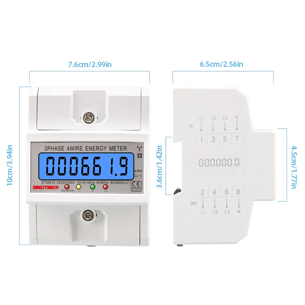 3 Phase 4 Wires KWh Meter 100A LCD Backlight Electric Energy Meter Din Rail Electric Meter 50/60HZ AC 3*230/400V for Home Office