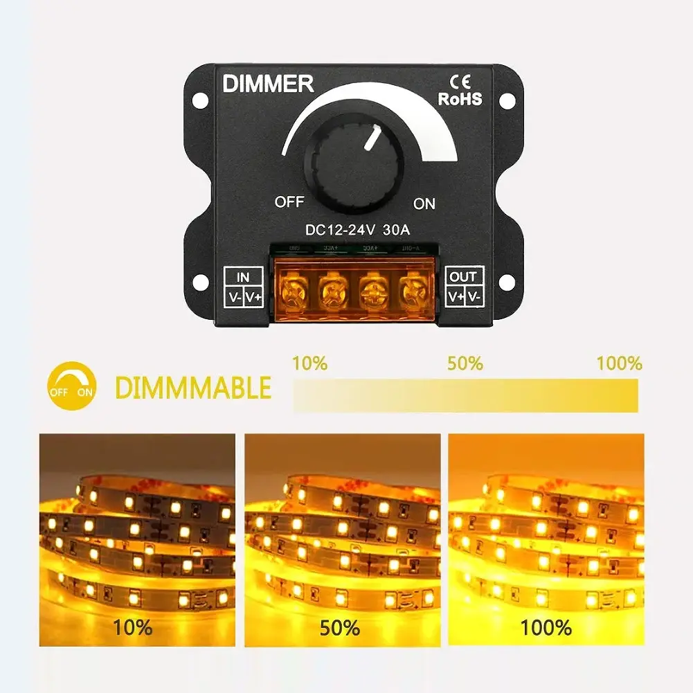 DC 12V 24V LED Dimmer Switch 30A 360W Voltage Regulator Brightness Adjustable Controller LED Strip Light Lamp PWM Dimming Dimmer
