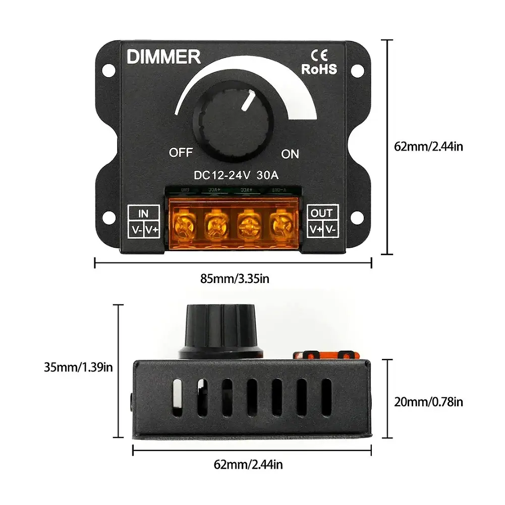 DC 12V 24V LED Dimmer Switch 30A 360W Voltage Regulator Brightness Adjustable Controller LED Strip Light Lamp PWM Dimming Dimmer