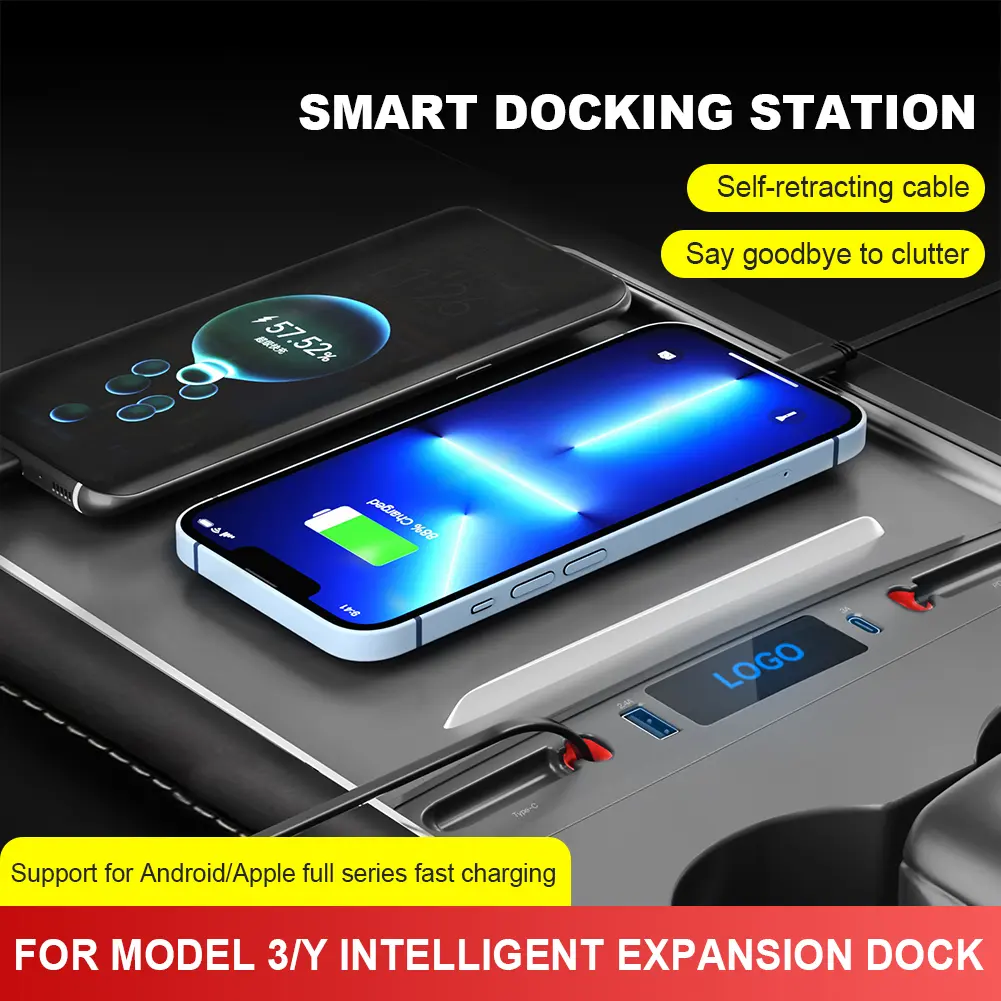 Docking Station 27W PD Center Console Smart Sensor Dual USB USB Centre Console Adapter Digital Display QC3.0 for Tesla Model 3 Y
