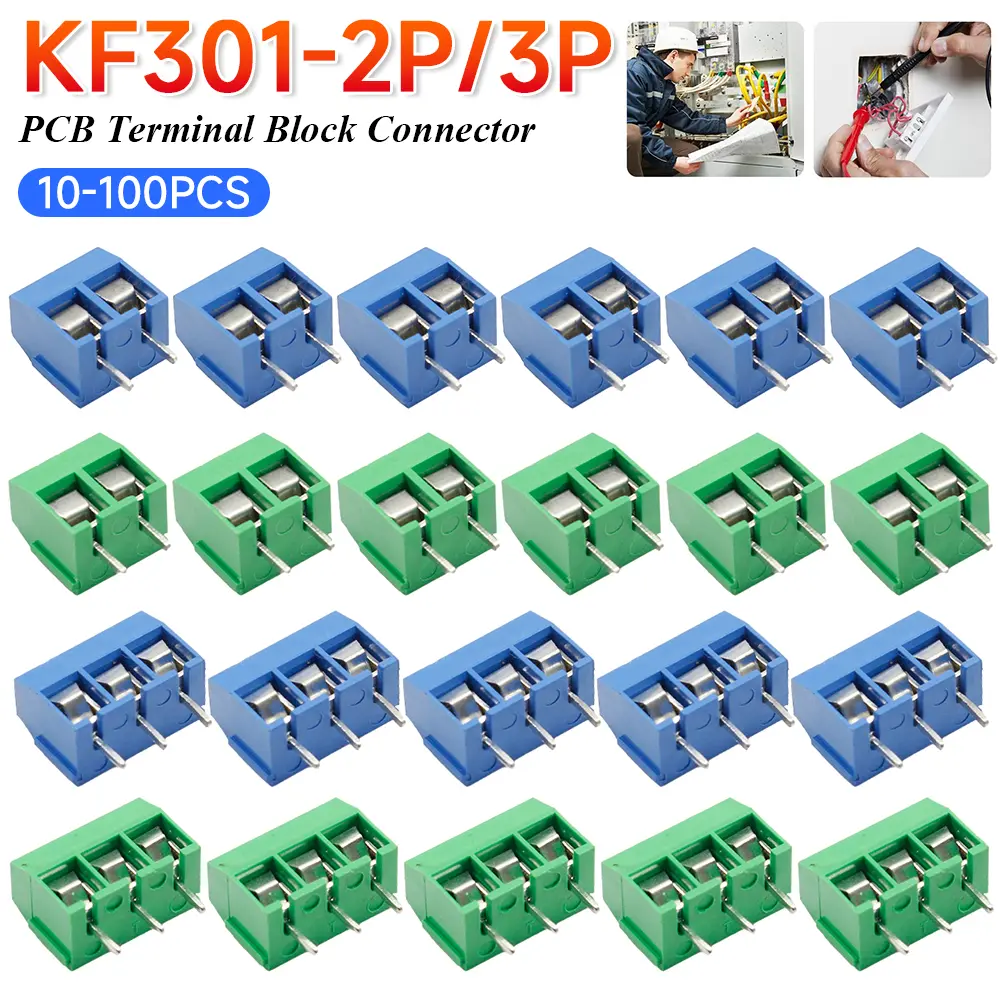 10-100PCS KF301 2P/3P PCB Terminal Block Connector Blue Green PCB Screw Terminal Block Connector Assortment Kit for Arduino