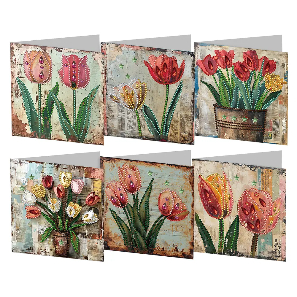 6pcs Rhinestone Painting Greeting Cards DIY Floral Diamond Embroidery Diamond Mosaic Postcards Christmas Birthday Thank You Card