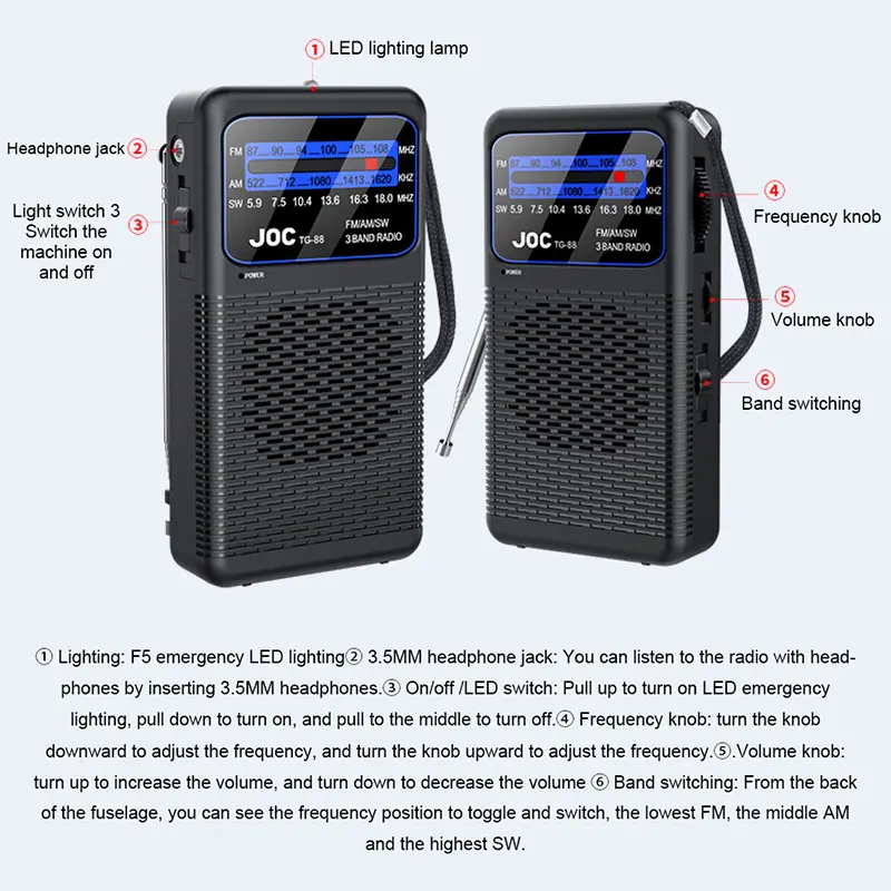 Portable Emergency Radio FM AM SW Radio Transistor with LED Flashlight Battery Operated Radio Player for Outdoor Camping Hiking