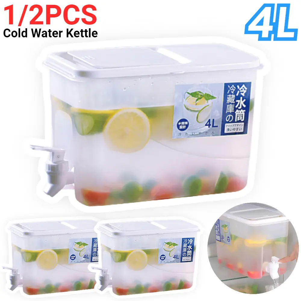 2-1PC Cold Kettle with Faucet 4L Large Capacity Cold Water Pitcher Beverage Dispenser Juice Jug Refrigerator Water Container