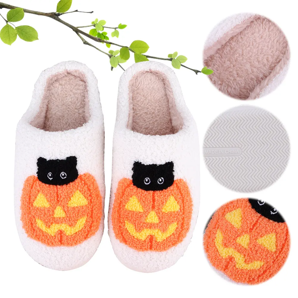 Halloween Pumpkin Cat Slippers Flat Thermal Slippers Comfortable Soft Furry Slipper Cute Black Cat Slippers for Winter