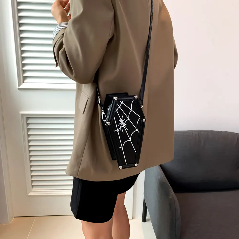 Creative Gothic Coffin Shaped Shoulder Bag Spider Web PU Leather Shoulder Bag Adjustable Strap Halloween Cobweb Messenger Bags