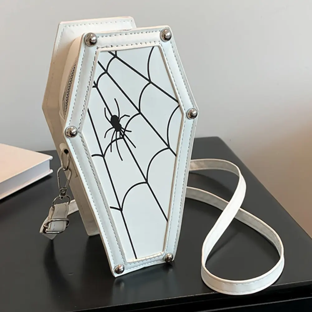 Creative Gothic Coffin Shaped Shoulder Bag Spider Web PU Leather Shoulder Bag Adjustable Strap Halloween Cobweb Messenger Bags