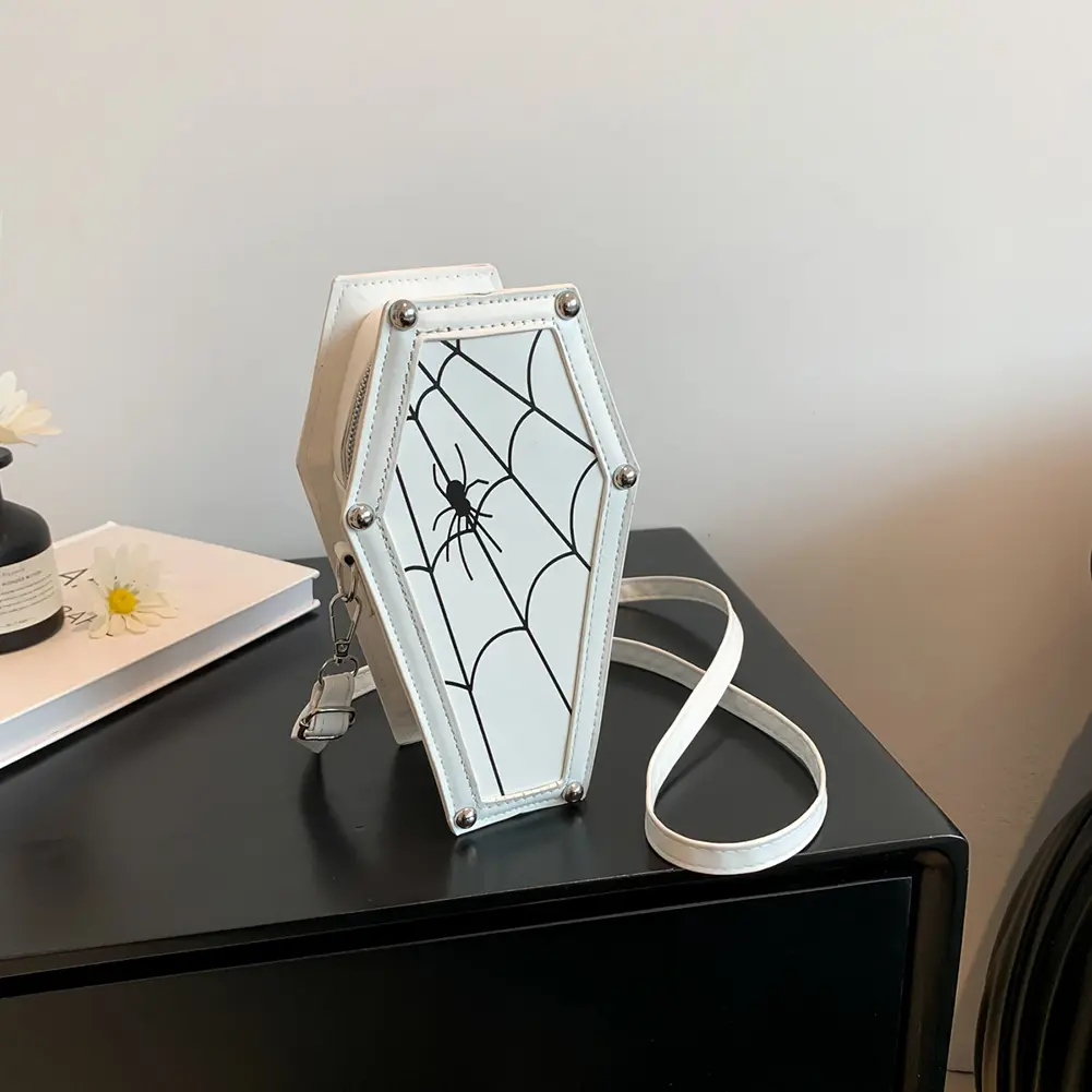 Creative Gothic Coffin Shaped Shoulder Bag Spider Web PU Leather Shoulder Bag Adjustable Strap Halloween Cobweb Messenger Bags