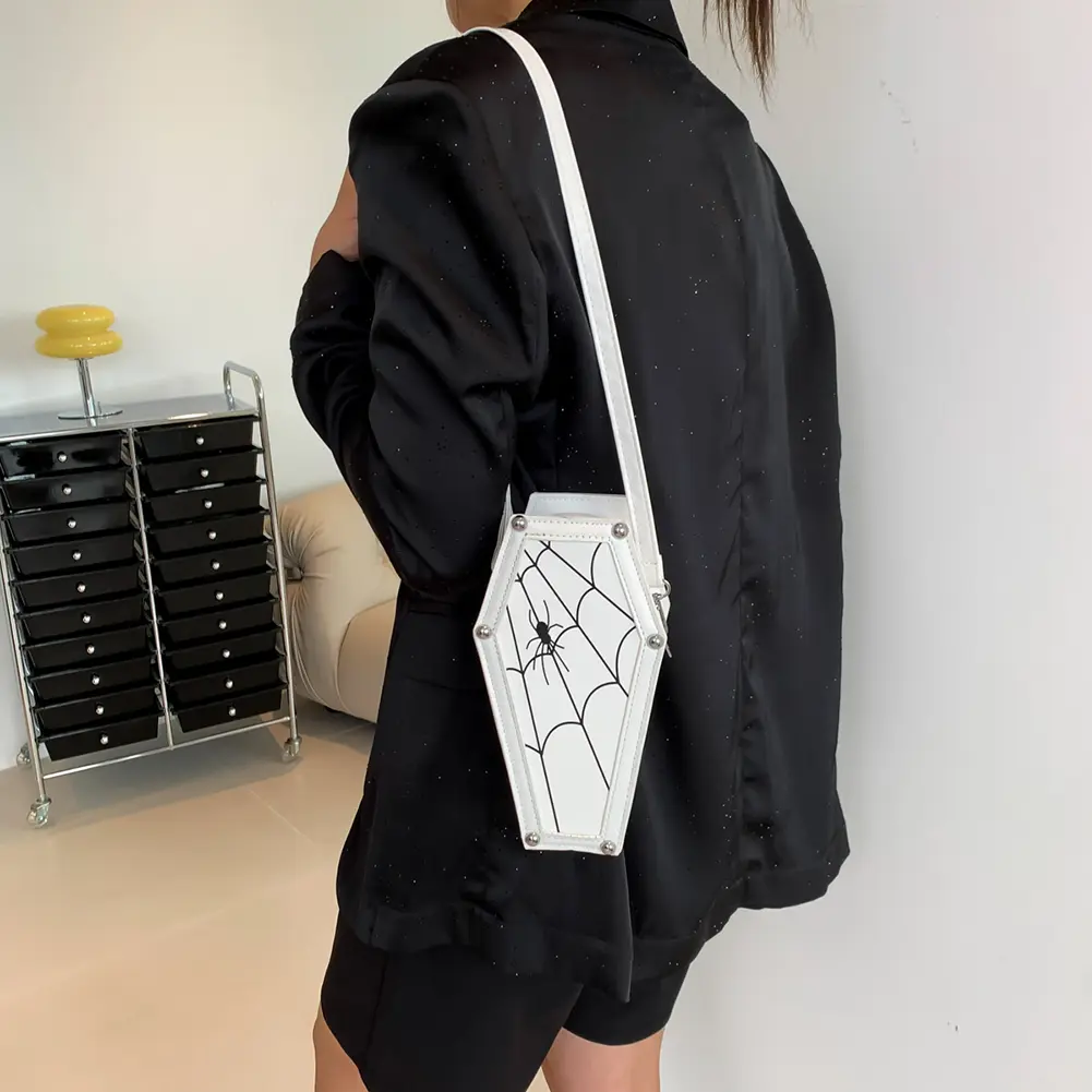 Creative Gothic Coffin Shaped Shoulder Bag Spider Web PU Leather Shoulder Bag Adjustable Strap Halloween Cobweb Messenger Bags