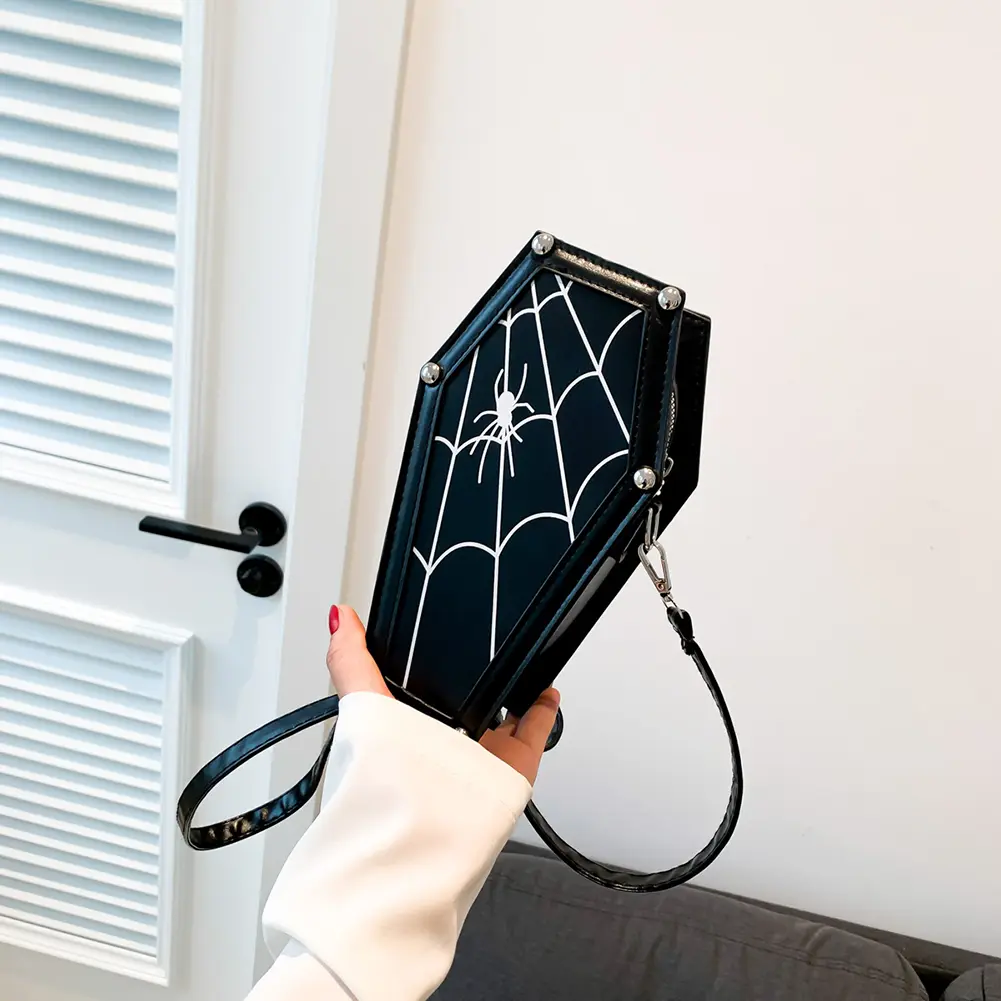Creative Gothic Coffin Shaped Shoulder Bag Spider Web PU Leather Shoulder Bag Adjustable Strap Halloween Cobweb Messenger Bags