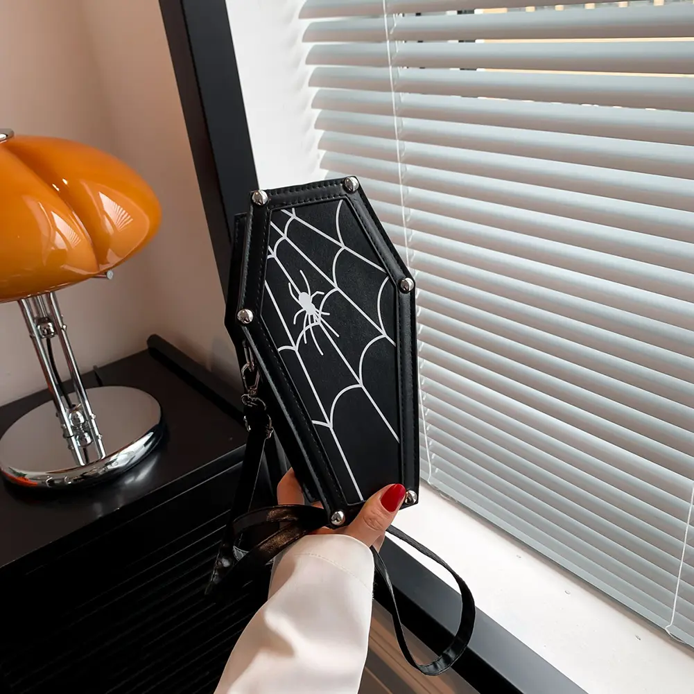 Gothic Coffin Shoulder Bag Halloween Spider Web PU Leather Shoulder Bag Adjustable Strap Women's Bags Halloween Messenger Bags