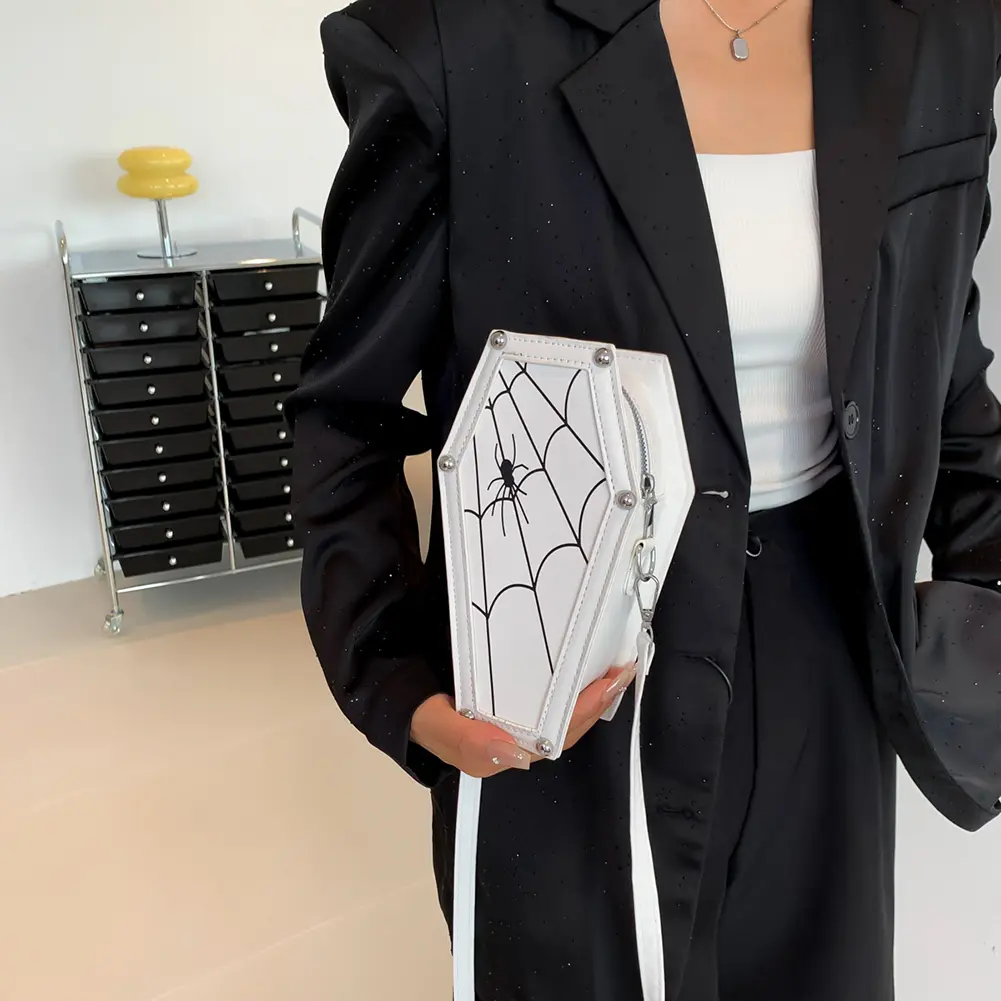 Gothic Coffin Shoulder Bag Halloween Spider Web PU Leather Shoulder Bag Adjustable Strap Women's Bags Halloween Messenger Bags