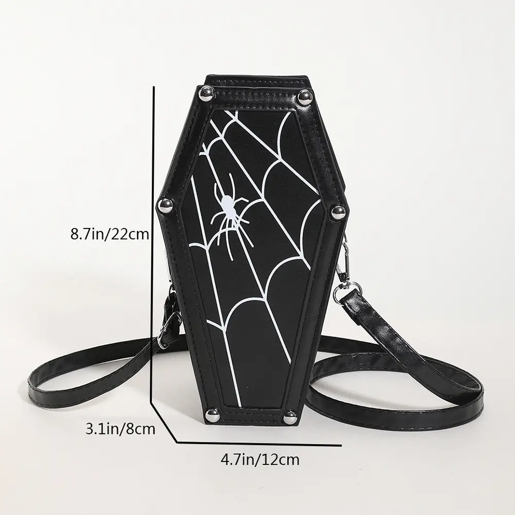 Gothic Coffin Shoulder Bag Halloween Spider Web PU Leather Shoulder Bag Adjustable Strap Women's Bags Halloween Messenger Bags