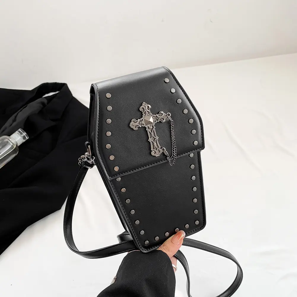 Halloween Gothic Crossbody Bag Women Coffin Satchel Purse PU Leather Skull Satchel Bag Zipper Versatile Cellphone Pouch Tote Bag
