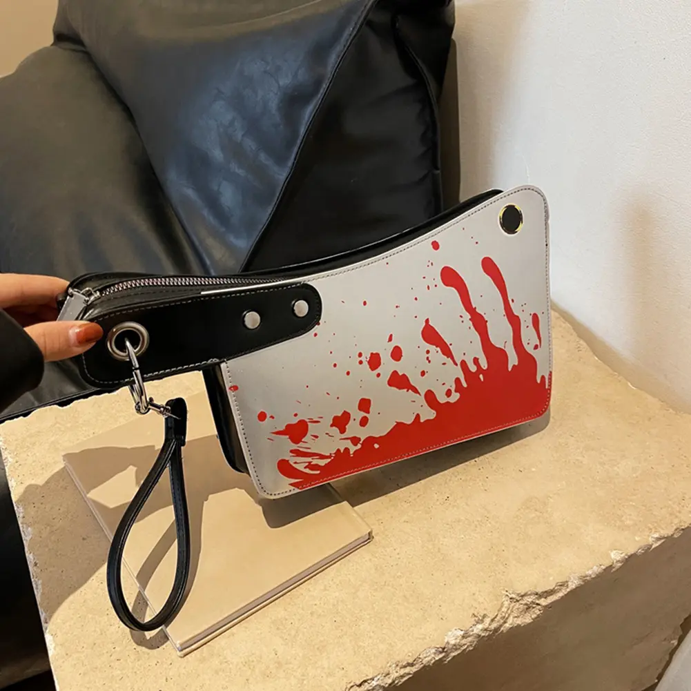 Knife Shaped Shoulder Bag Halloween Gothic Clutch Purse PU Leather Crossbody Bag Horror Bloody Satchel Bag with Adjustable Strap